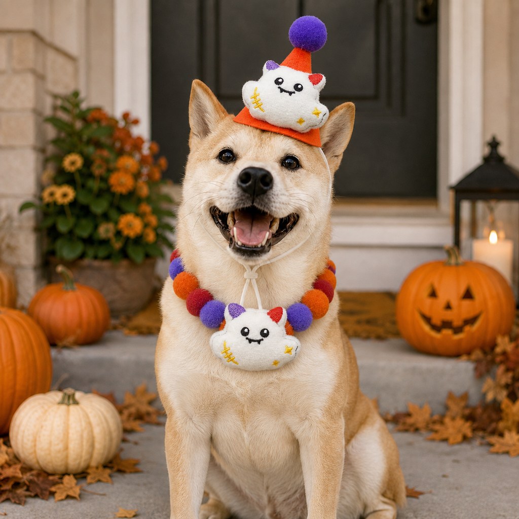 Ortekor Halloween Pet Hat & Pom-Pom Collar Set for Dogs & Cats – Easy 2-Piece Costume for Parties, Trick-or-Treating & Photos