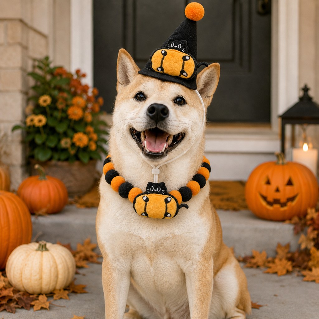 Ortekor Halloween Pet Hat & Pom-Pom Collar Set for Dogs & Cats – Easy 2-Piece Costume for Parties, Trick-or-Treating & Photos