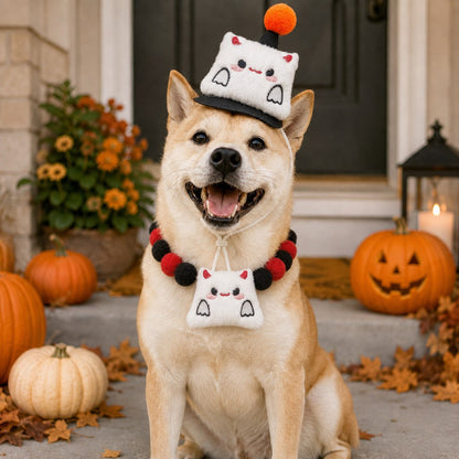 Ortekor Halloween Pet Hat & Pom-Pom Collar Set for Dogs & Cats – Easy 2-Piece Costume for Parties, Trick-or-Treating & Photos