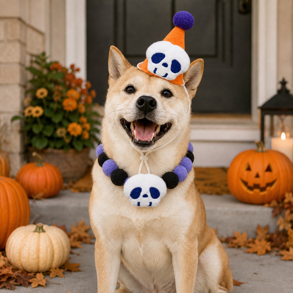 Ortekor Halloween Pet Hat & Pom-Pom Collar Set for Dogs & Cats – Easy 2-Piece Costume for Parties, Trick-or-Treating & Photos