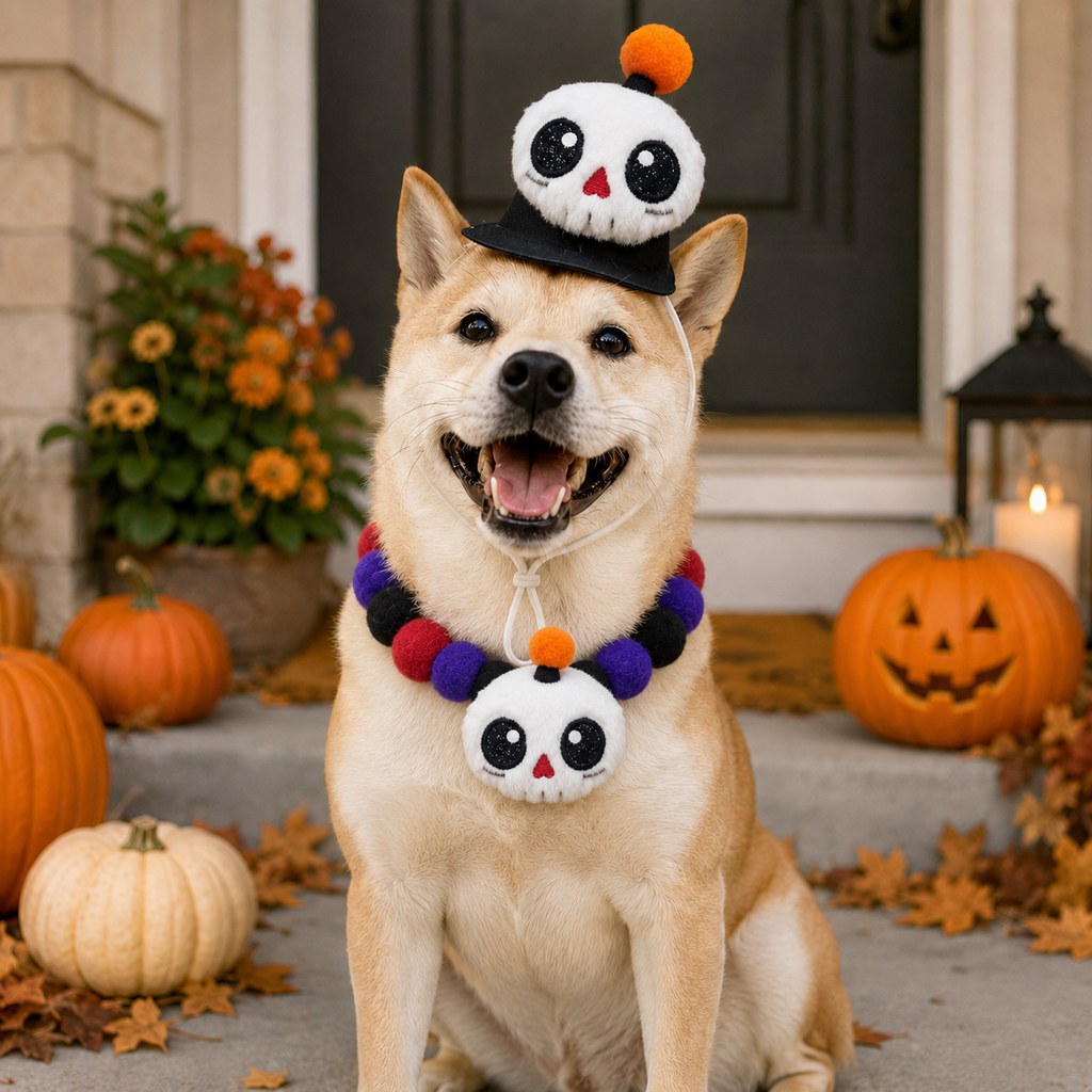 Ortekor Halloween Pet Hat & Pom-Pom Collar Set for Dogs & Cats – Easy 2-Piece Costume for Parties, Trick-or-Treating & Photos