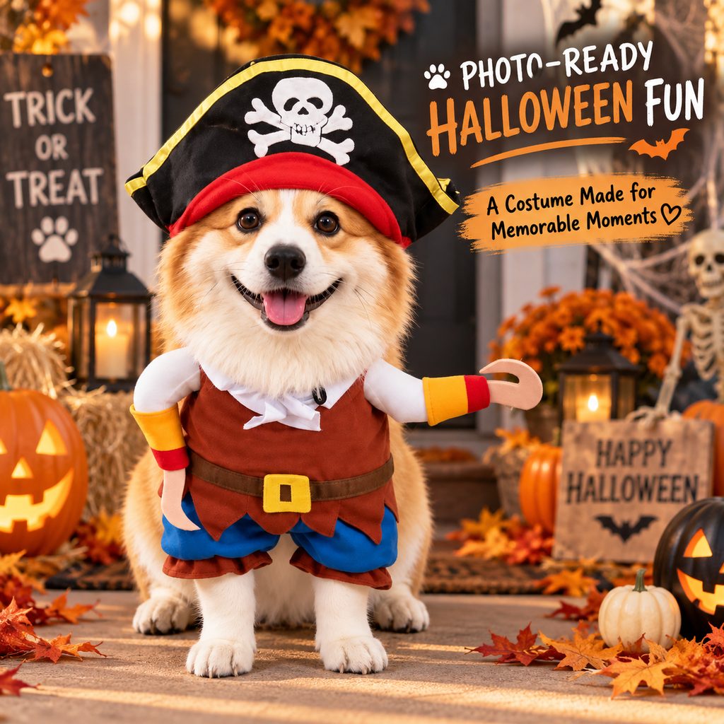 Ortekor Funny Pirate Dog Costume with Hat & Hook Arms - Complete Halloween Party & Photo Outfit for an Instant 3D Pirate Look