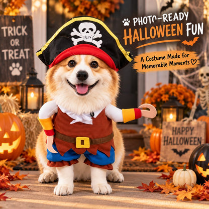 Ortekor Funny Pirate Dog Costume with Hat & Hook Arms - Complete Halloween Party & Photo Outfit for an Instant 3D Pirate Look