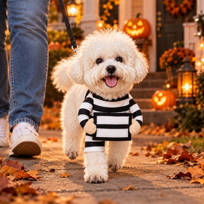 Halloween Prisoner Dog Costume - Funny Black & White Striped Pet Outfit with Front-Leg Sleeves for Halloween Parties & Photos