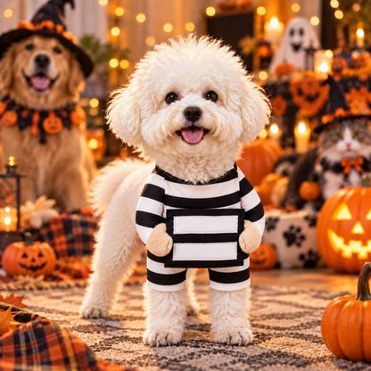 Halloween Prisoner Dog Costume - Funny Black & White Striped Pet Outfit with Front-Leg Sleeves for Halloween Parties & Photos