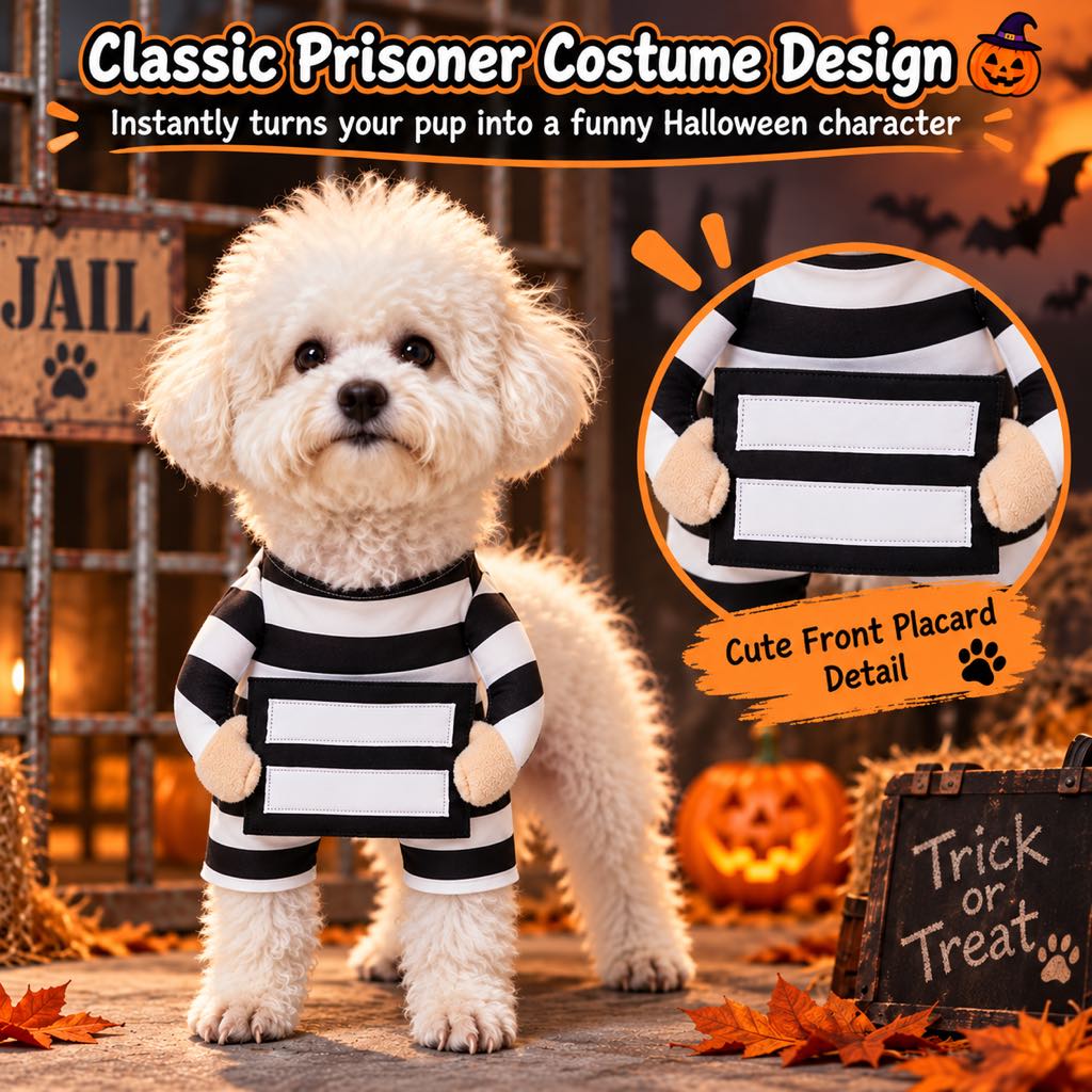 Halloween Prisoner Dog Costume - Funny Black & White Striped Pet Outfit with Front-Leg Sleeves for Halloween Parties & Photos