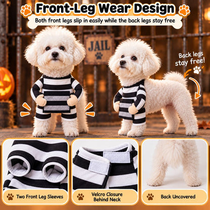 Halloween Prisoner Dog Costume - Funny Black & White Striped Pet Outfit with Front-Leg Sleeves for Halloween Parties & Photos