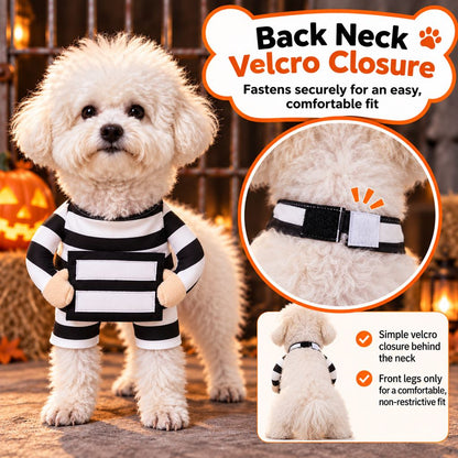 Halloween Prisoner Dog Costume - Funny Black & White Striped Pet Outfit with Front-Leg Sleeves for Halloween Parties & Photos