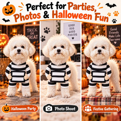 Halloween Prisoner Dog Costume - Funny Black & White Striped Pet Outfit with Front-Leg Sleeves for Halloween Parties & Photos