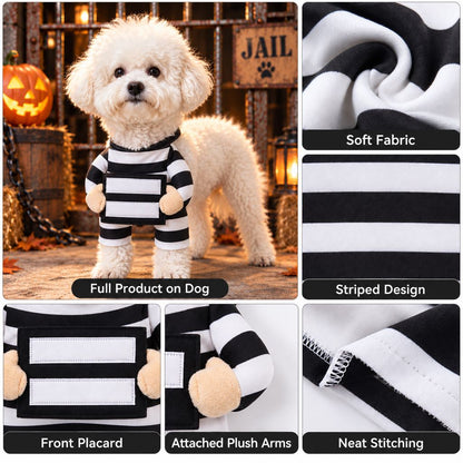Halloween Prisoner Dog Costume - Funny Black & White Striped Pet Outfit with Front-Leg Sleeves for Halloween Parties & Photos