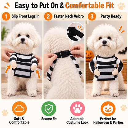 Halloween Prisoner Dog Costume - Funny Black & White Striped Pet Outfit with Front-Leg Sleeves for Halloween Parties & Photos