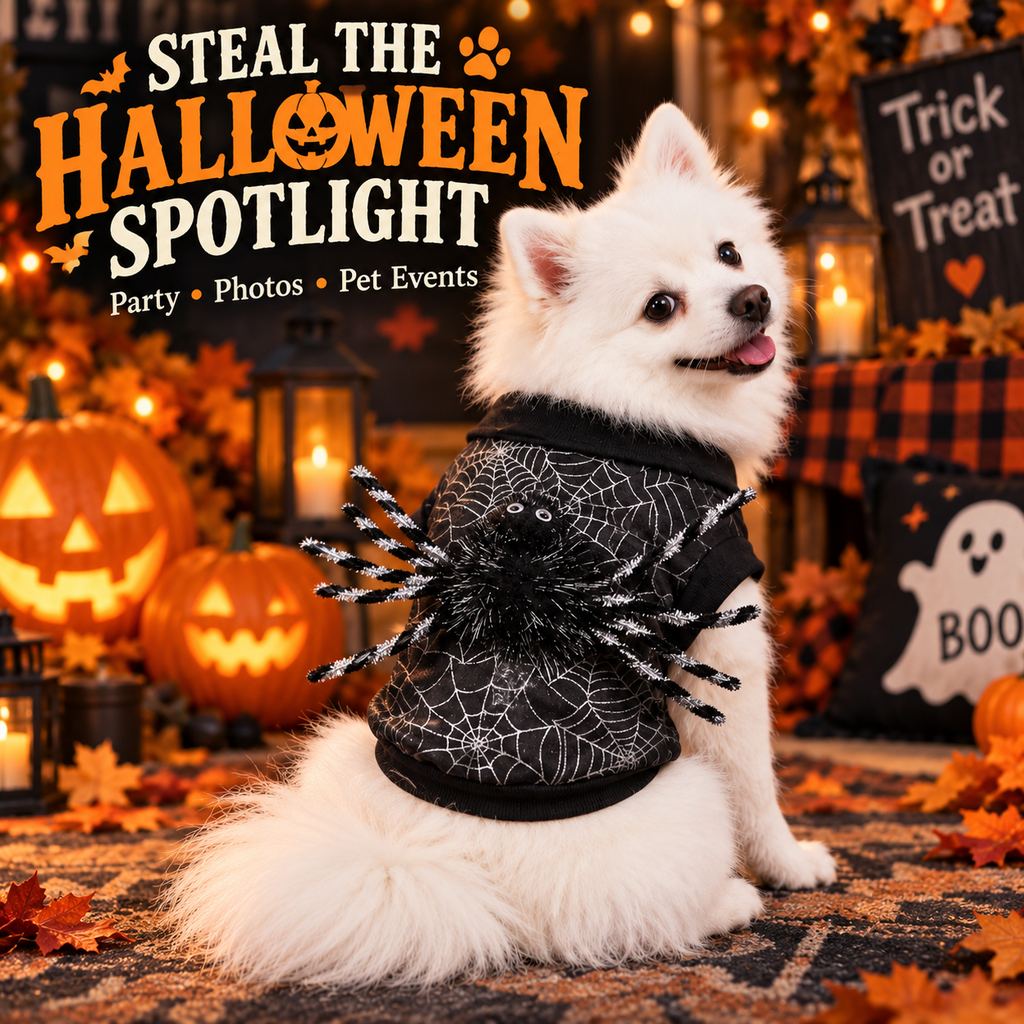 Ortekor Halloween Spider Web Dog Costume with 3D Spider - Easy Two-Leg Pet Outfit for Trick-or-Treat, Parties & Photos