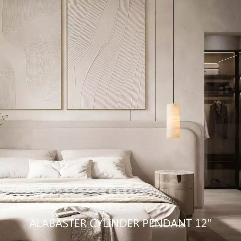 Alabaster Cylinder Pendant Light 9-14 in Natural Stone Single Bulb E26 Hardwire for Kitchen Island Dining Room Bedroom Hallway
