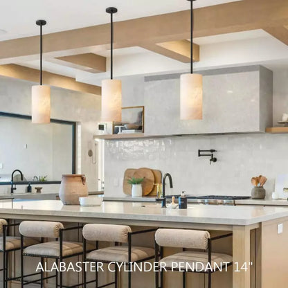 Alabaster Cylinder Pendant Light 9-14 in Natural Stone Single Bulb E26 Hardwire for Kitchen Island Dining Room Bedroom Hallway