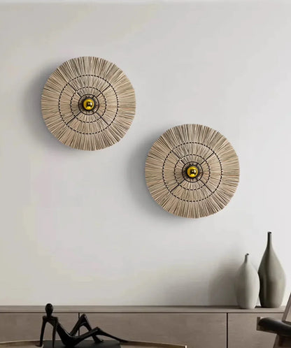 Handwoven Woven Sconce Light Fixture – Natural Brown Rattan Wall Mount for Bedroom, Hallway, or Living Space – 16", 24", or 32" Circular Sha