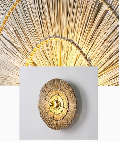 Handwoven Woven Sconce Light Fixture – Natural Brown Rattan Wall Mount for Bedroom, Hallway, or Living Space – 16", 24", or 32" Circular Sha