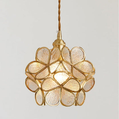 Floral Glass Hanging Light Fixture with Adjustable 59-Inch Cord E27 Socket Gold Brass Frame for Kitchen Table Bedroom Living Room Vintage-St