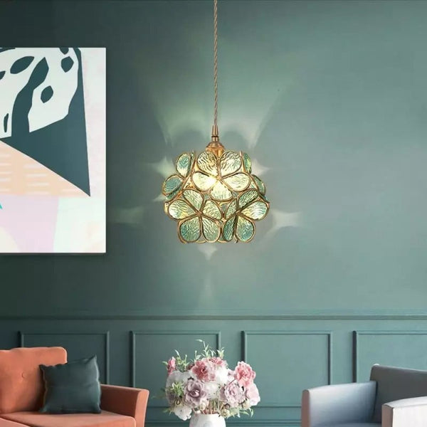 Floral Glass Hanging Light Fixture with Adjustable 59-Inch Cord E27 Socket Gold Brass Frame for Kitchen Table Bedroom Living Room Vintage-St