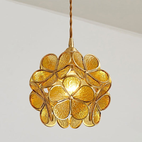 Floral Glass Hanging Light Fixture with Adjustable 59-Inch Cord E27 Socket Gold Brass Frame for Kitchen Table Bedroom Living Room Vintage-St
