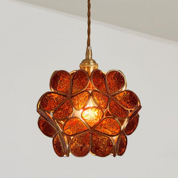 Floral Glass Hanging Light Fixture with Adjustable 59-Inch Cord E27 Socket Gold Brass Frame for Kitchen Table Bedroom Living Room Vintage-St