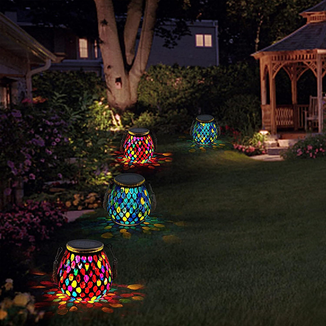 Solar Stained Glass Outdoor Lantern — Handcrafted Mosaic Garden Light with Auto Dusk-to-Dawn