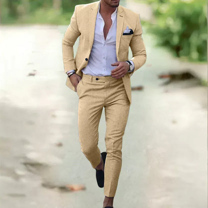 Men's 2-Piece Linen Cotton Suit Set Slim Fit Breathable Single-Breasted Jacket Pants for Summer Weddings Business Casual Outdoor Events