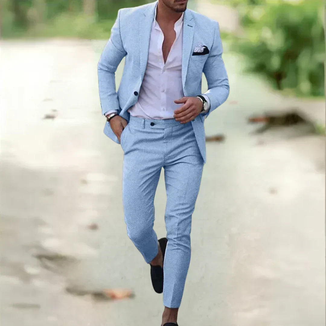 Men's 2-Piece Linen Cotton Suit Set Slim Fit Breathable Single-Breasted Jacket Pants for Summer Weddings Business Casual Outdoor Events