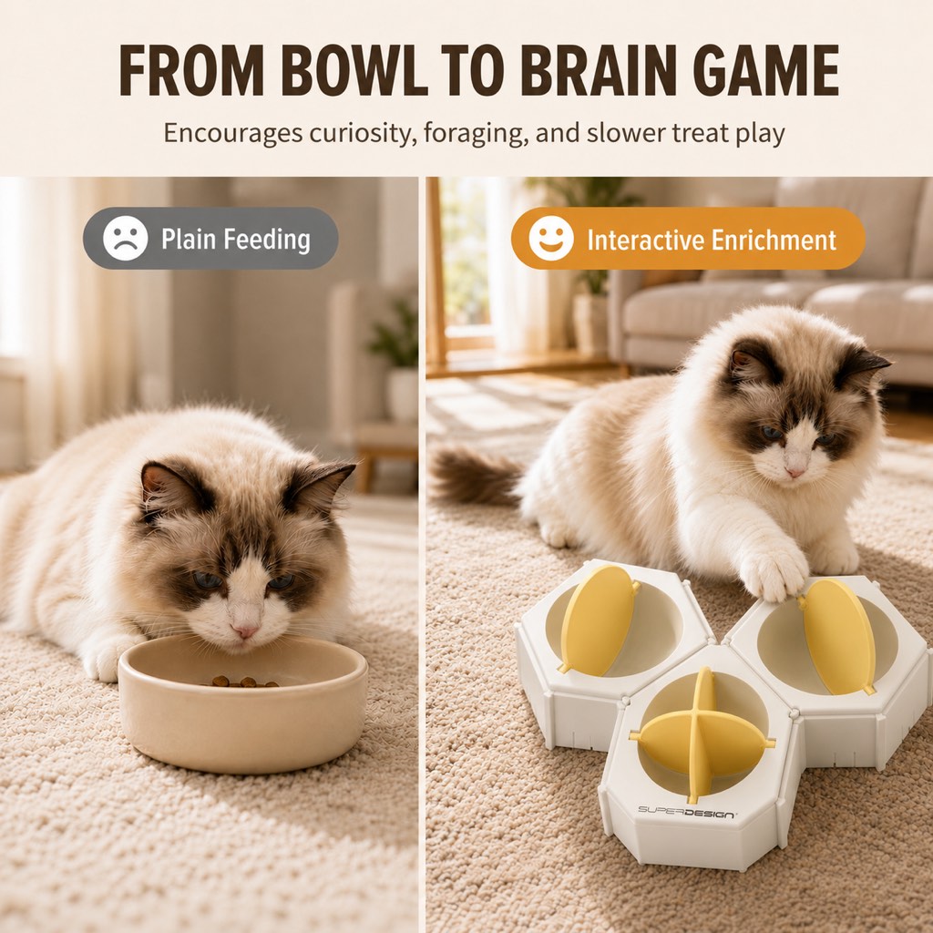Ortekor Modular Cat Puzzle Feeder Toy for Indoor Treat Time - Hexagon Slow Feeder Enrichment Game to Keep Bored Cats Busy