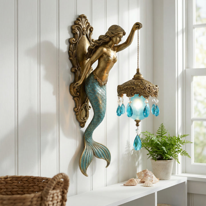 Sculptural Mermaid Sconce with Hanging Crystal Drops and Glass Shade for Bedrooms, Living Rooms & Hallways