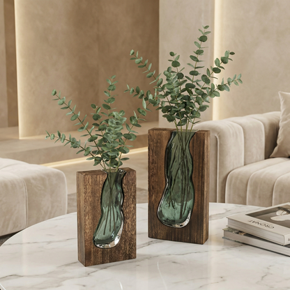 Crystal Glass Flower Vase with Organic Wood-Style Edge for Dining Room & Console Tables | Rustic Sculptural Accent
