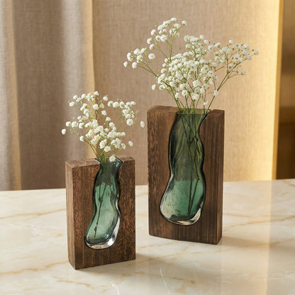 Crystal Glass Flower Vase with Organic Wood-Style Edge for Dining Room & Console Tables | Rustic Sculptural Accent