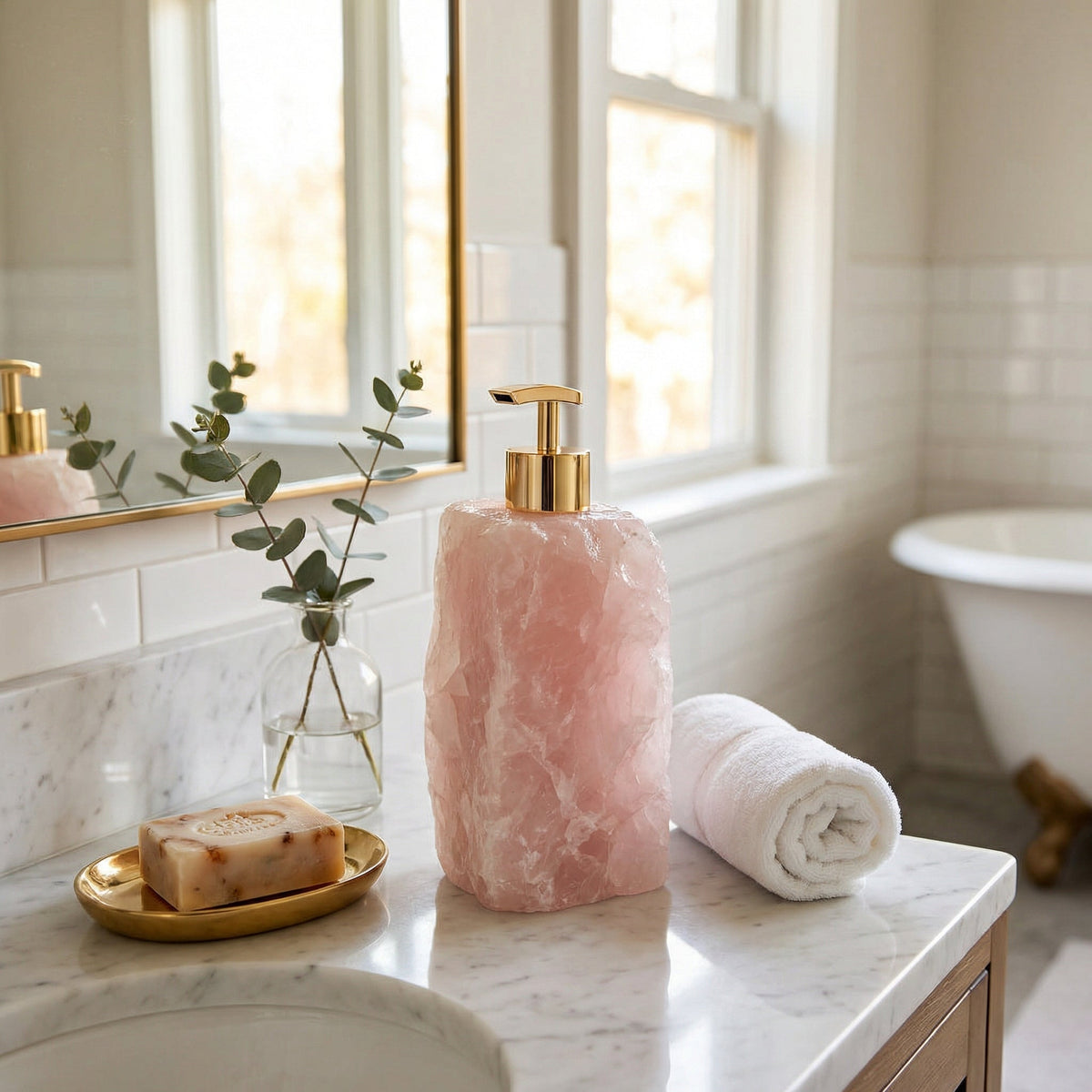 Gemstone Pump Bottle 6 Inches Tall Genuine Crystal Countertop Accent Powder Room Accessory Artisan Made Stone Dispenser for Liquid Hand Wash