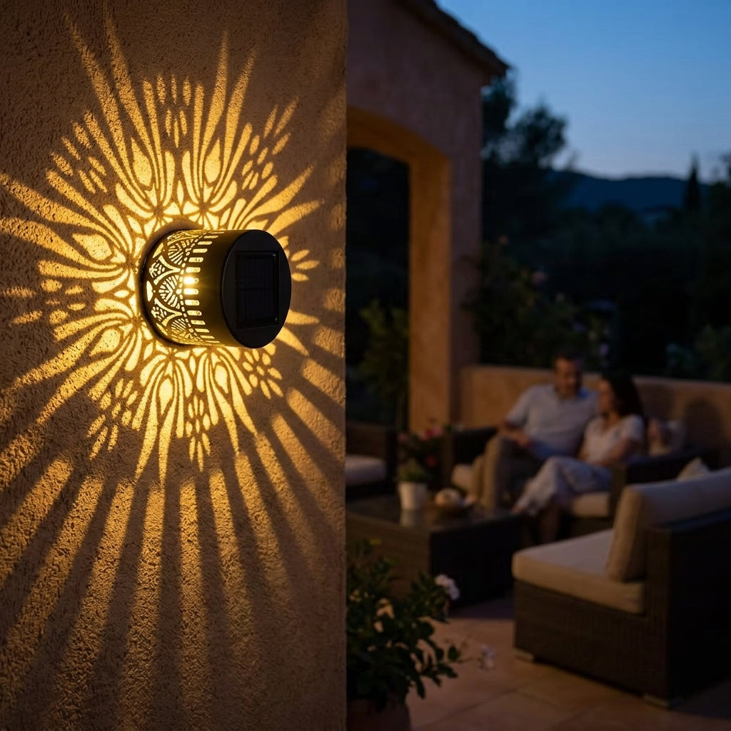 Solar-Powered Decorative Iron Light with Mandala Shadow Projection for Outdoor Walls, Patios, Gardens & Fences — Automatic Dusk Sensor, Weat