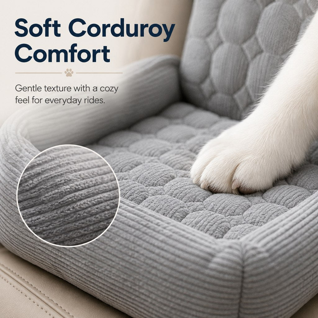 Ortekor High Back Corduroy Pet Car Seat Bed for Dogs & Cats - Cozy Travel Booster Seat with Soft Bolster Support for Comfortable Car Rides & Road Trips