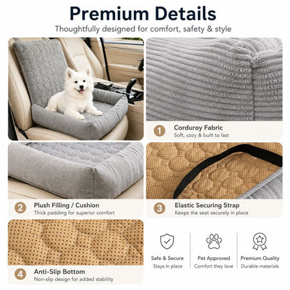 Ortekor High Back Corduroy Pet Car Seat Bed for Dogs & Cats - Cozy Travel Booster Seat with Soft Bolster Support for Comfortable Car Rides & Road Trips