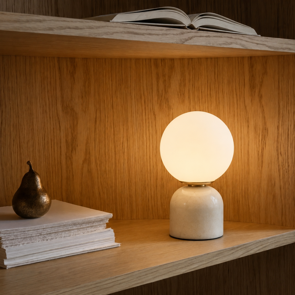 Marble Table Lamp with Frosted Globe Shade – Warm White LED Light for Bedroom Nightstand & Living Room – Modern Minimalist Accent Lighting