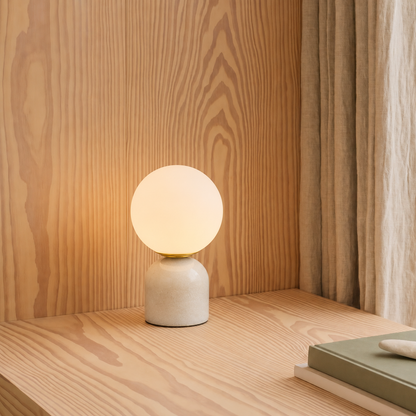 Marble Table Lamp with Frosted Globe Shade – Warm White LED Light for Bedroom Nightstand & Living Room – Modern Minimalist Accent Lighting