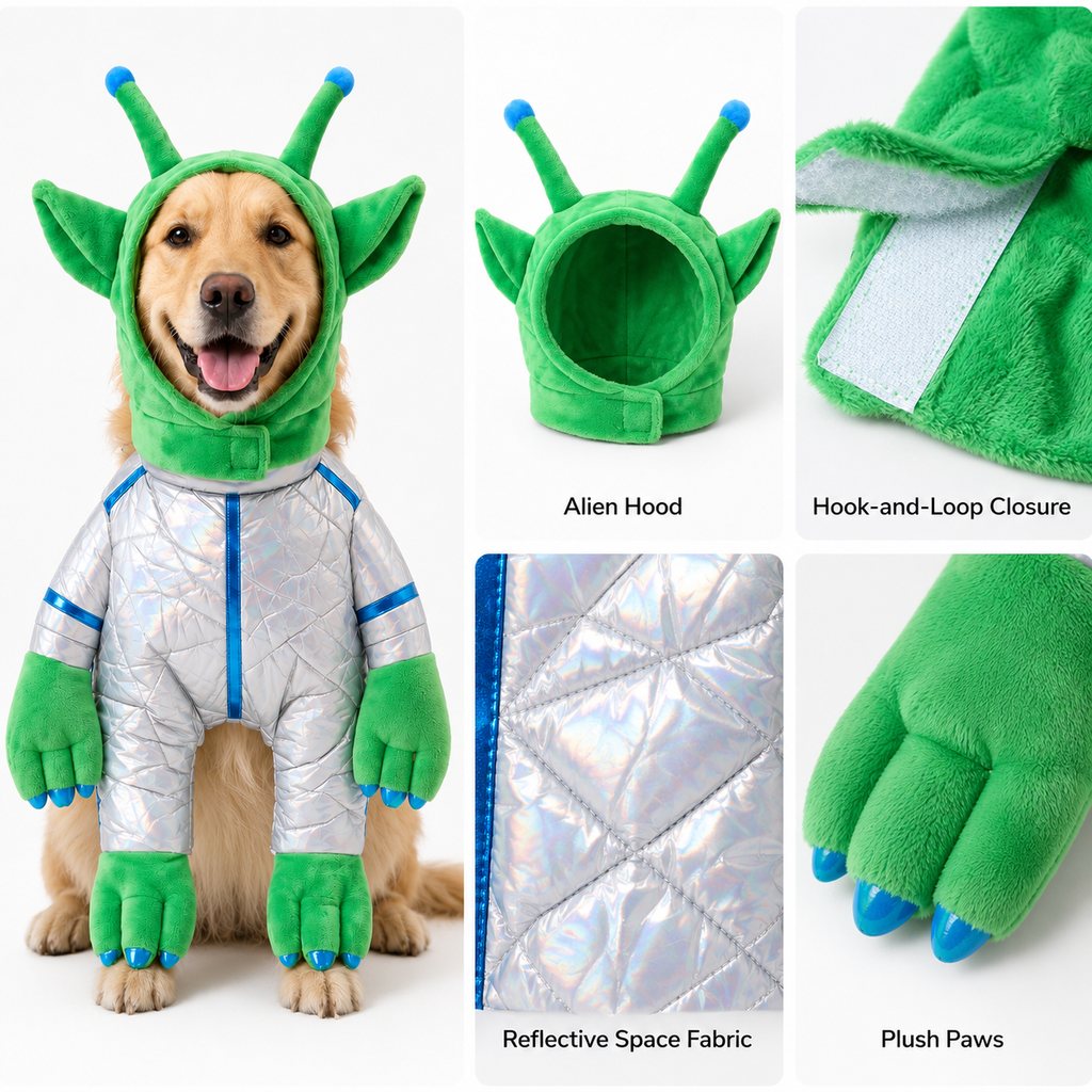 Ortekor Green Alien Pet Costume for Dogs & Cats - Funny Halloween Transformation Outfit for Pet Parties, Photoshoots & Costume Events
