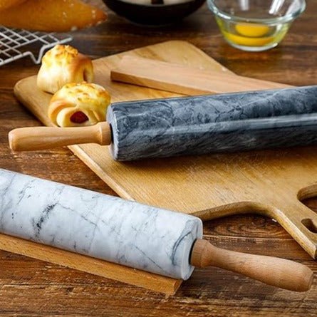Marble-Effect Dough Roller with Wooden Handles 19 Inches Black for Pizza Pastry Cookies Bread Baking Kitchen Tool Comfortable Grip Even Roll