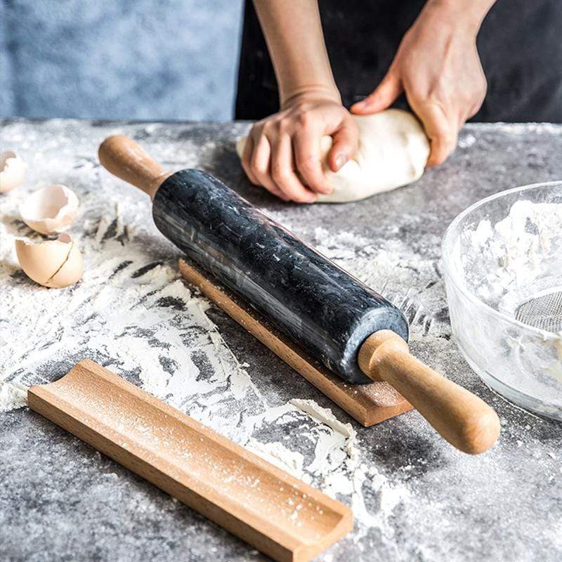 Marble-Effect Dough Roller with Wooden Handles 19 Inches Black for Pizza Pastry Cookies Bread Baking Kitchen Tool Comfortable Grip Even Roll