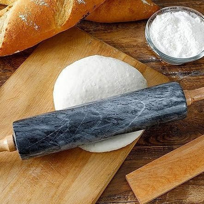 Marble-Effect Dough Roller with Wooden Handles 19 Inches Black for Pizza Pastry Cookies Bread Baking Kitchen Tool Comfortable Grip Even Roll