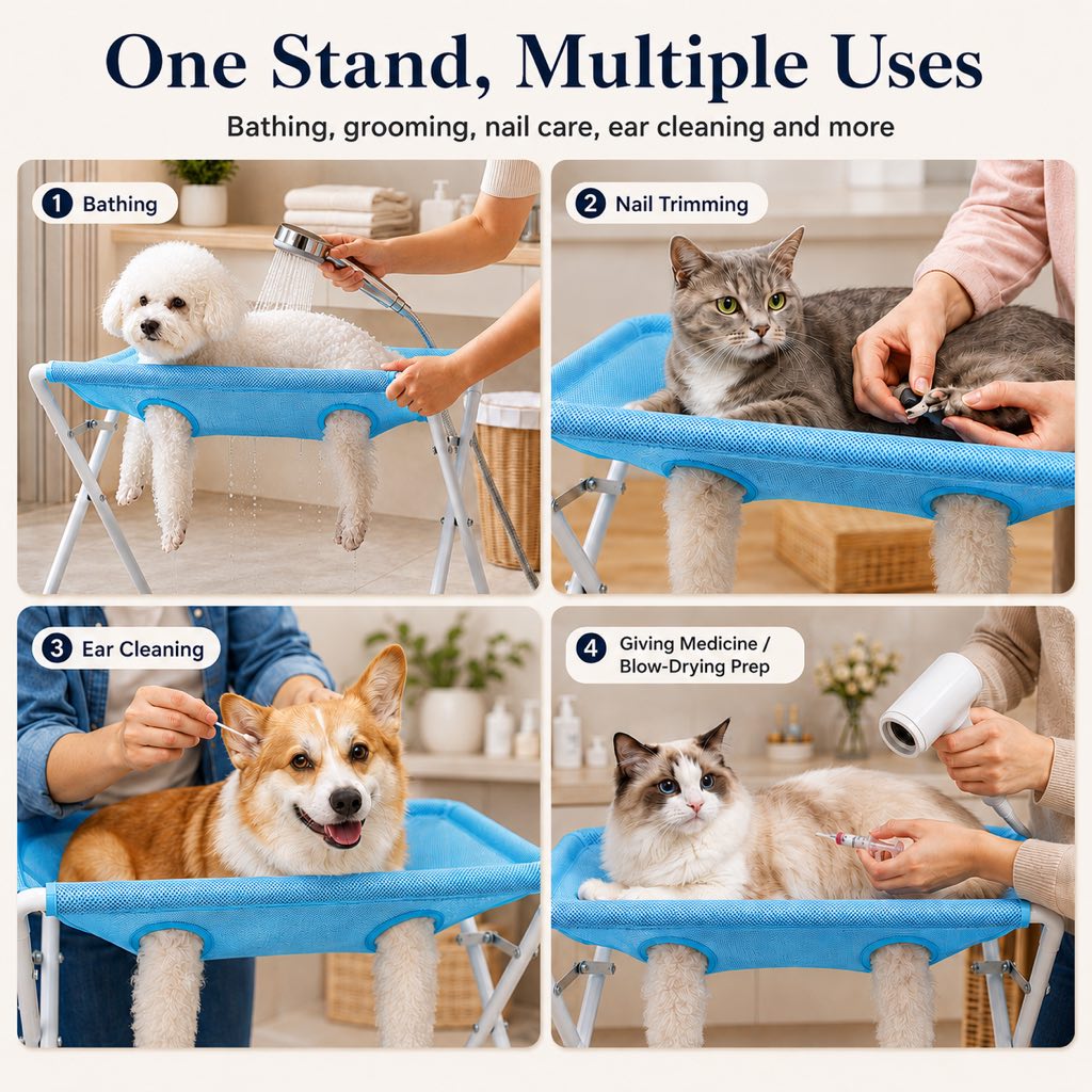 Ortekor Pet grooming rack suitable for cats and small to medium-sized dogs - foldable eight-opening design for convenient home grooming.