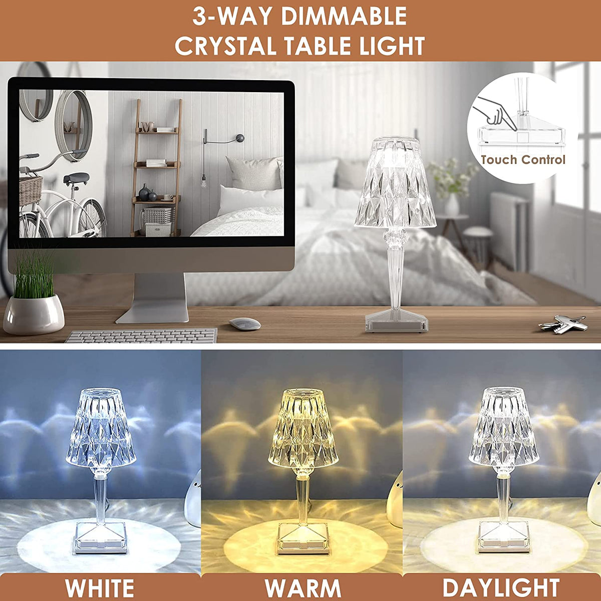 Rechargeable Crystal Table Lamp – Touch Control LED Desk Light with Multi-Color Modes – Cordless Diamond Accent Lamp for Bedroom
