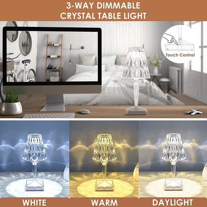 Rechargeable Crystal Table Lamp – Touch Control LED Desk Light with Multi-Color Modes – Cordless Diamond Accent Lamp for Bedroom