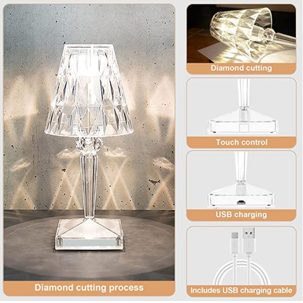 Rechargeable Crystal Table Lamp – Touch Control LED Desk Light with Multi-Color Modes – Cordless Diamond Accent Lamp for Bedroom