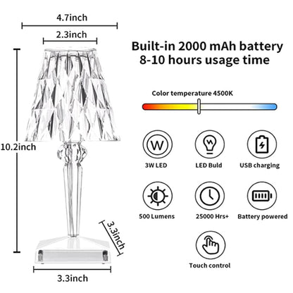 Rechargeable Crystal Table Lamp – Touch Control LED Desk Light with Multi-Color Modes – Cordless Diamond Accent Lamp for Bedroom