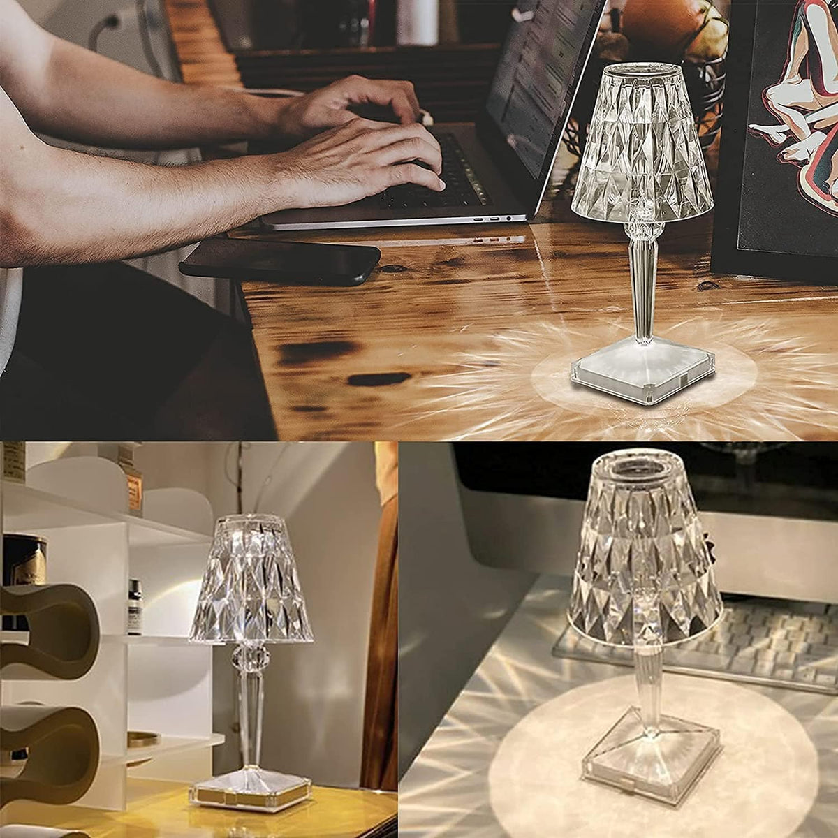Rechargeable Crystal Table Lamp – Touch Control LED Desk Light with Multi-Color Modes – Cordless Diamond Accent Lamp for Bedroom