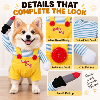 Ortekor Funny Horror Doll Dog Halloween Costume with Faux Knife - 3D Party & Photo Outfit for an Instant Spooky Look