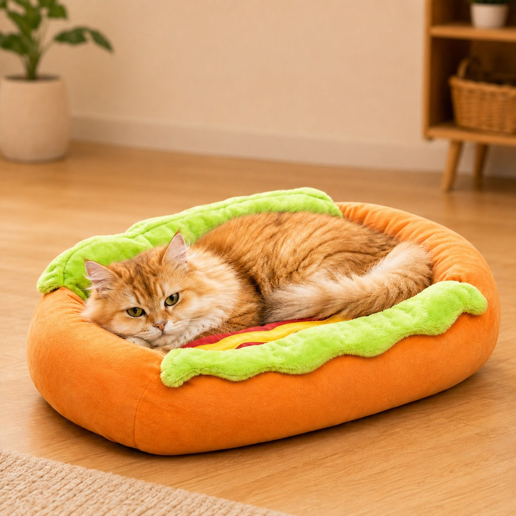 Ortekor Hot Dog Pet Bed for Cats & Small Dogs - Plush Bolster Bed with Removable Cushion for Cozy Indoor Naps