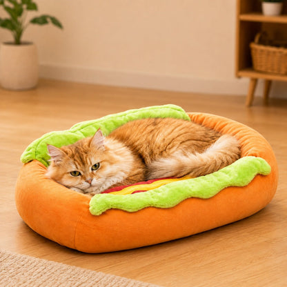 Ortekor Hot Dog Pet Bed for Cats & Small Dogs - Plush Bolster Bed with Removable Cushion for Cozy Indoor Naps